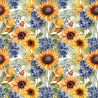 sunflower pattern, floral design, yellow petals, orange blooms, blue flowers, purple blossoms, green leaves, botanical motif, watercolor style, repeating pattern,, fabric panel, summer flowers, garden theme, nature inspired, bright colors, warm tones, artistic florals, seamless design, crafting material