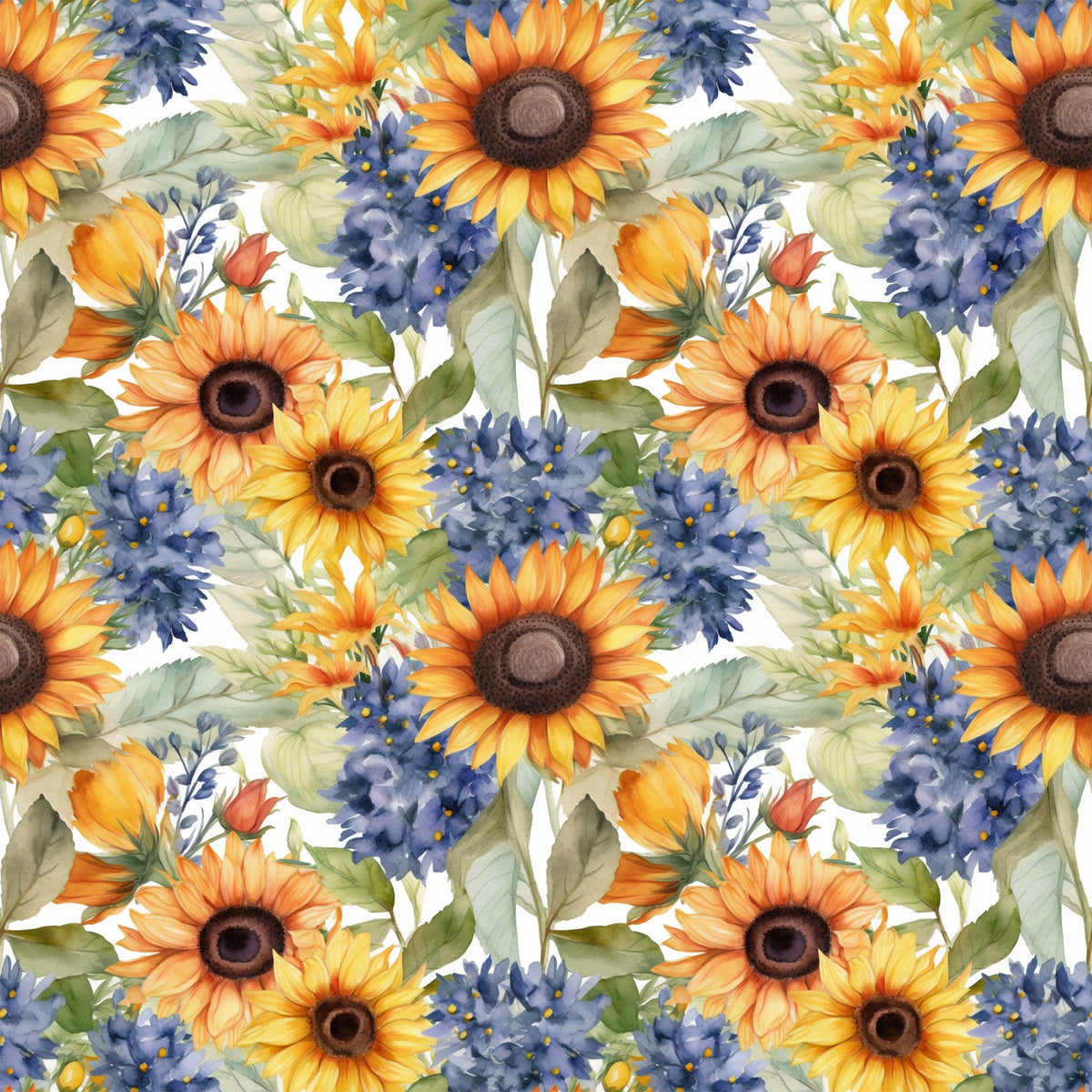 sunflower pattern, floral design, yellow petals, orange blooms, blue flowers, purple blossoms, green leaves, botanical motif, watercolor style, repeating pattern,, fabric panel, summer flowers, garden theme, nature inspired, bright colors, warm tones, artistic florals, seamless design, crafting material