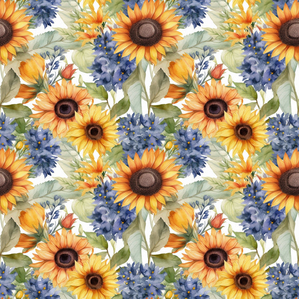 sunflower pattern, floral design, yellow petals, orange blooms, blue flowers, purple blossoms, green leaves, botanical motif, watercolor style, repeating pattern,, fabric panel, summer flowers, garden theme, nature inspired, bright colors, warm tones, artistic florals, seamless design, crafting material