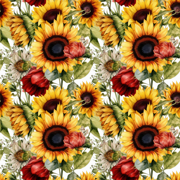 sunflower pattern, yellow petals, dark centers, red flowers, green leaves, floral design, repeating motif, botanical illustration, autumn colors, golden yellow, deep red, forest green,, fabric panel, watercolor style, realistic flowers, nature theme, harvest season, warm tones, detailed artwork