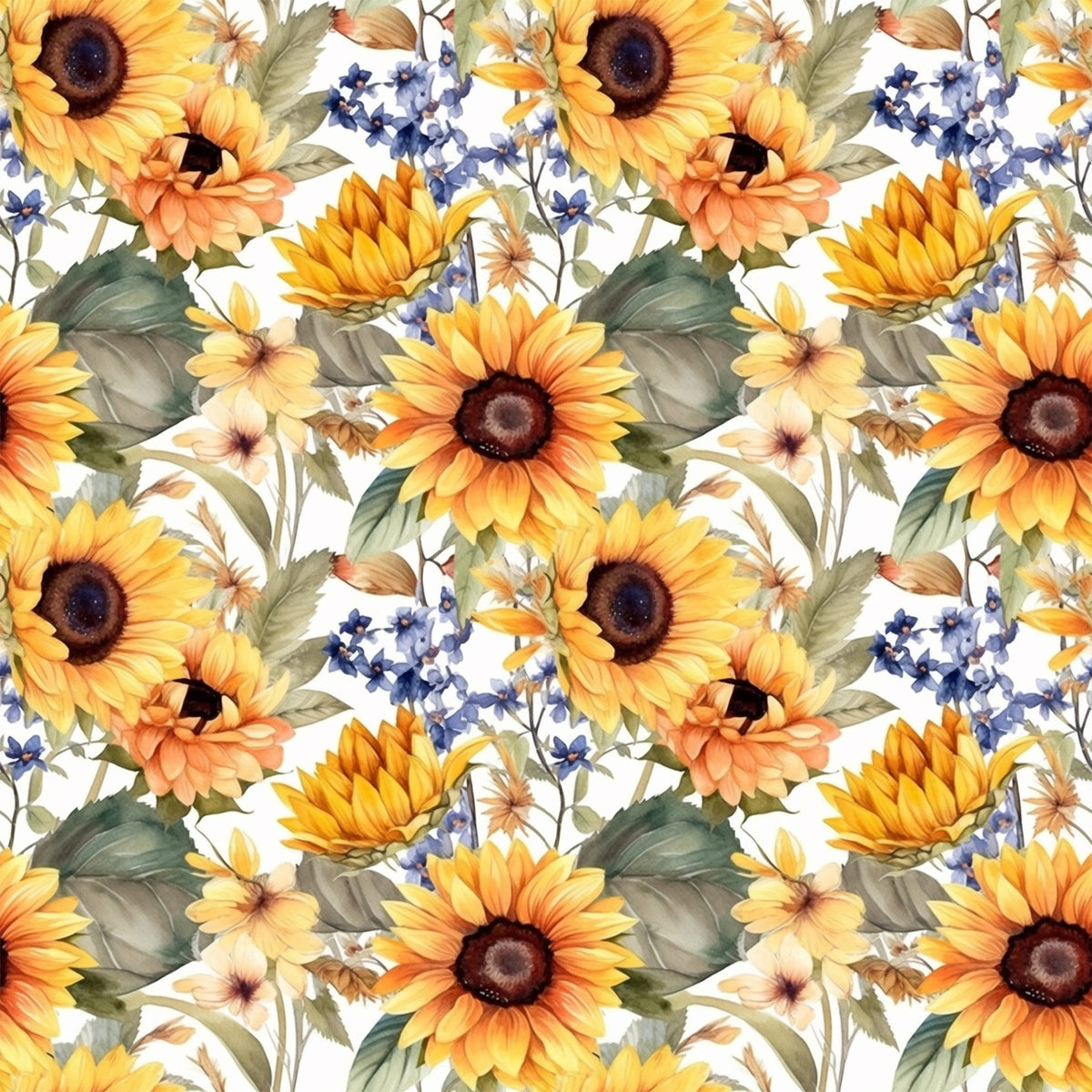sunflower pattern, yellow flowers, orange petals, blue wildflowers, green leaves, floral design, botanical print,, fabric panel, watercolor style, repeating pattern, autumn colors, nature motif, garden flowers, warm tones, craft fabric, sewing material, flower heads, leafy stems, artistic florals