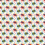 Comic-style pattern with words like “splat” surrounded by colorful stars and shapes on a white background.