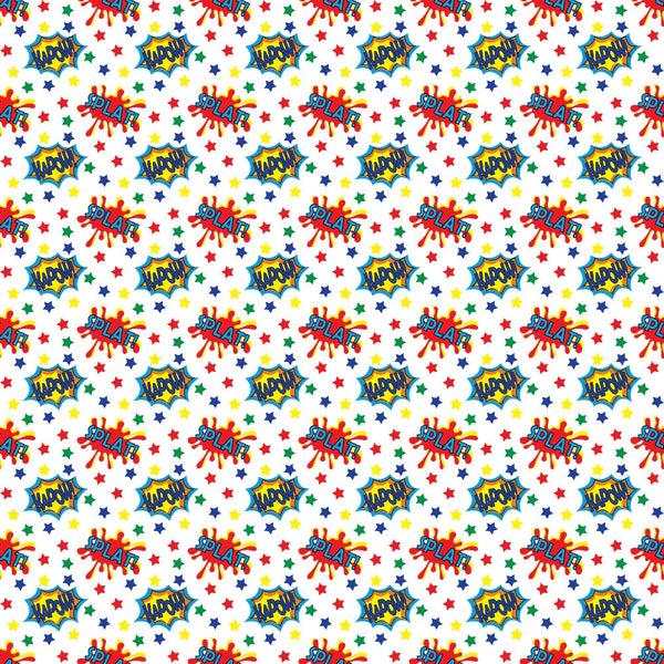 Comic-style pattern with words like “splat” surrounded by colorful stars and shapes on a white background.