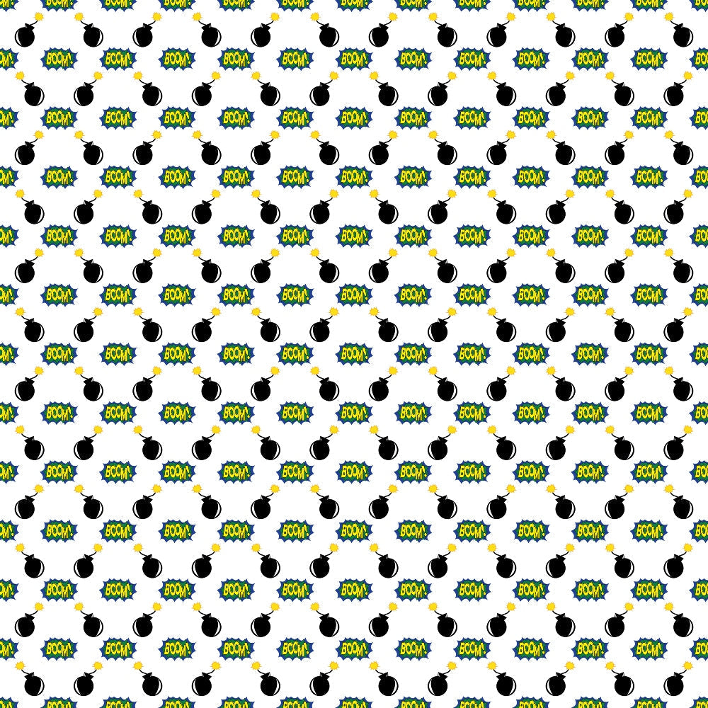 Repeating pattern of cartoon bombs and BOOM! text on a white background.