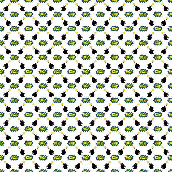 Repeating pattern of cartoon bombs and BOOM! text on a white background.