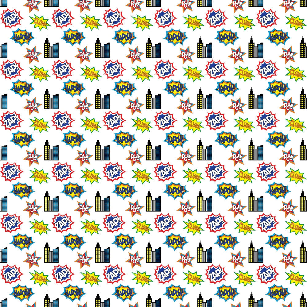 Comic-style pattern featuring Zap and Pow text, city building silhouettes, and cartoon explosions on a white background.