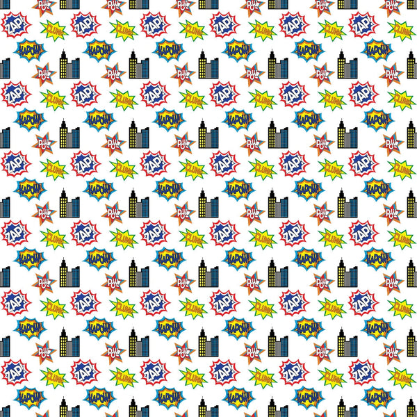 Comic-style pattern featuring Zap and Pow text, city building silhouettes, and cartoon explosions on a white background.