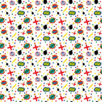 Comic-style pattern with words like BAM! and BOOM!, along with bombs, stars, and colorful geometric shapes on a white background.