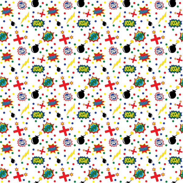 Comic-style pattern with words like BAM! and BOOM!, along with bombs, stars, and colorful geometric shapes on a white background.