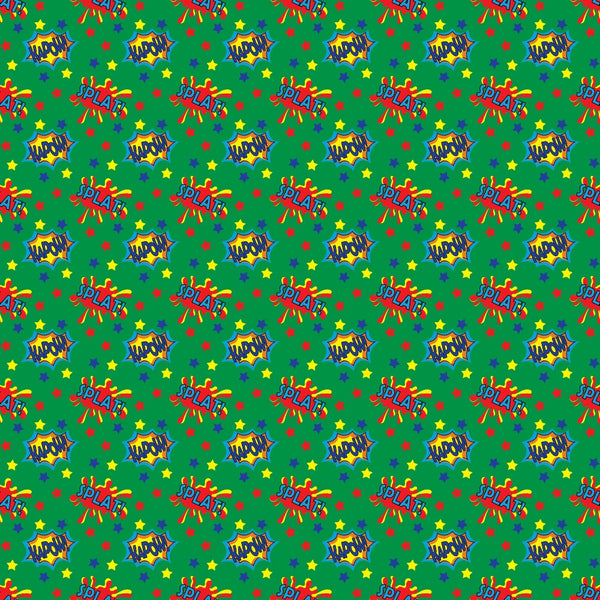 Colorful comic-style pattern with words like Splat and Zap on a green background, featuring stars and splashes.