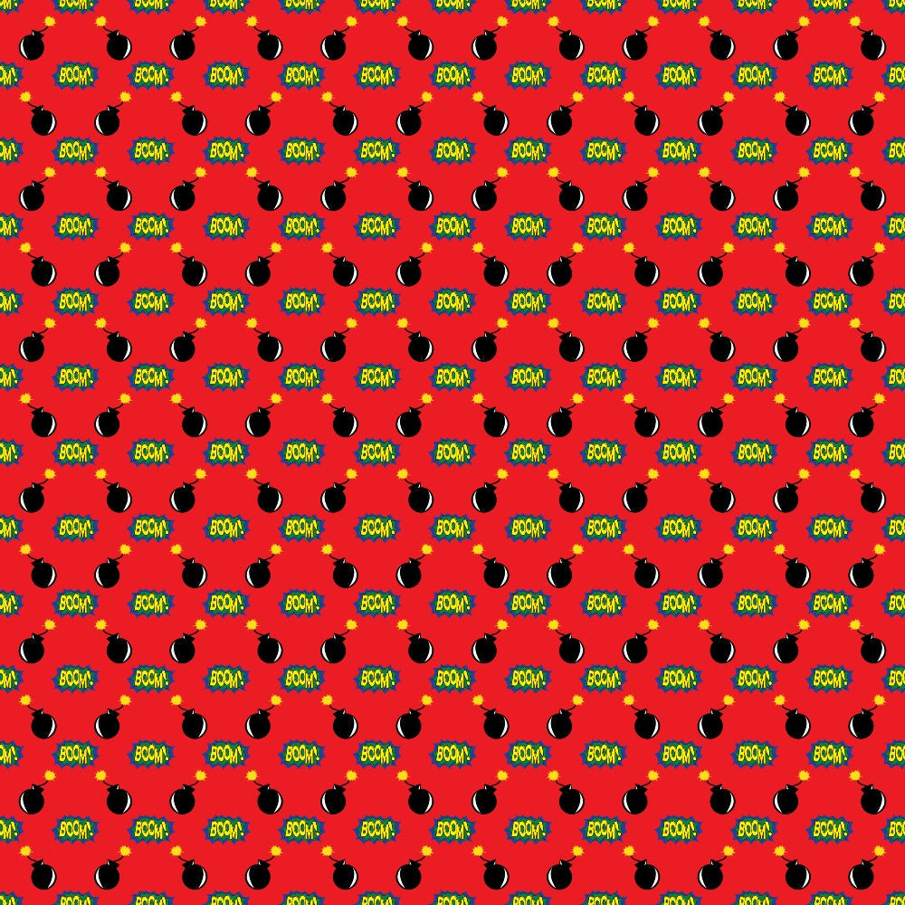 A repeating pattern of cartoon bombs and BOOM! text on a red background.