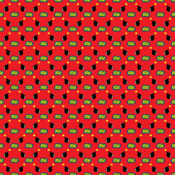 A repeating pattern of cartoon bombs and BOOM! text on a red background.