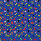 Comic-style pattern with words like Bam, Zap, and Boom, featuring bombs, lightning bolts, red crosses, and yellow stars on a blue background.