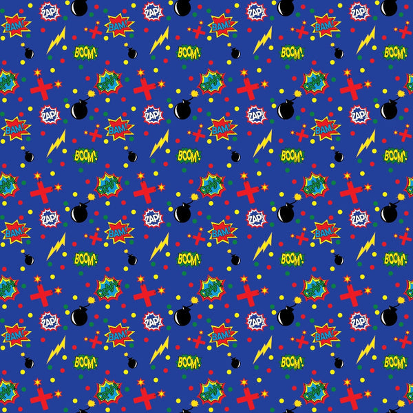 Comic-style pattern with words like Bam, Zap, and Boom, featuring bombs, lightning bolts, red crosses, and yellow stars on a blue background.