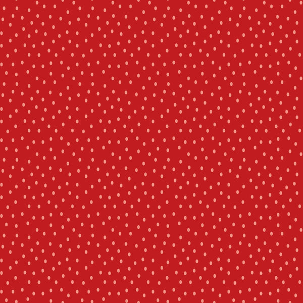 Red background with evenly spaced small white polka dots.