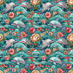 Pattern with dolphins, waves, and various flowers in shades of teal, pink, and orange. The design features a symmetrical, repeating layout.