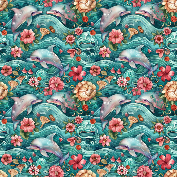 Pattern with dolphins, waves, and various flowers in shades of teal, pink, and orange. The design features a symmetrical, repeating layout.