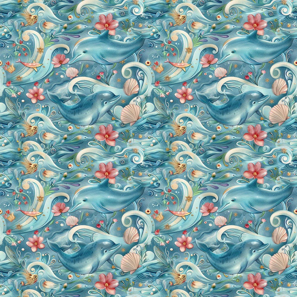 Seamless pattern featuring dolphins, waves, pink flowers, and seashells on a blue background.