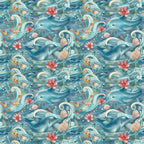 Seamless pattern featuring dolphins, waves, pink flowers, and seashells on a blue background.