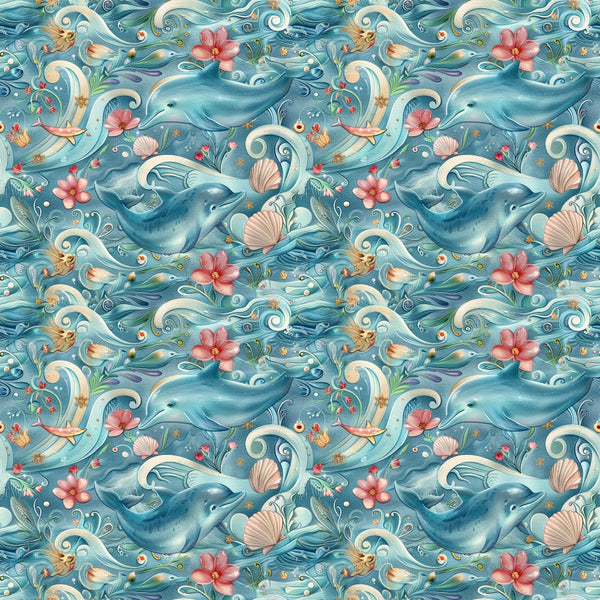 Seamless pattern featuring dolphins, waves, pink flowers, and seashells on a blue background.
