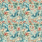 Seamless pattern of dolphins, seashells, and flowers in pastel colors on a light background, creating a vibrant ocean-themed design.