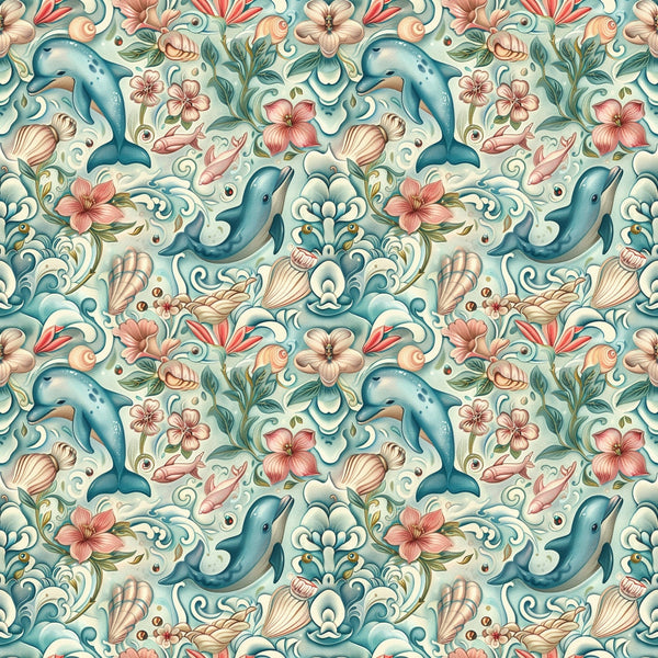 Seamless pattern of dolphins, seashells, and flowers in pastel colors on a light background, creating a vibrant ocean-themed design.