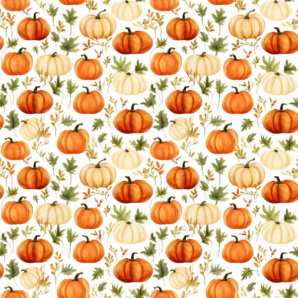 Pattern of orange and white pumpkins with green leaves and small branches on a white background.