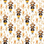 Pattern of scarecrows in hats and yellow skirts with wheat and floral elements on a white background.