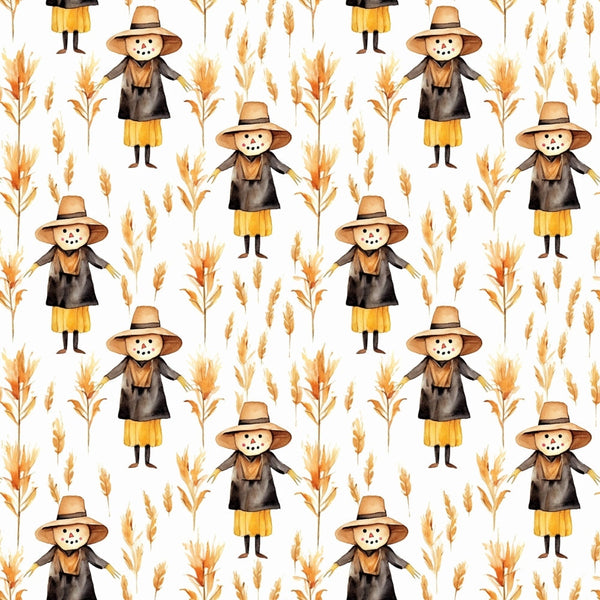 Pattern of scarecrows in hats and yellow skirts with wheat and floral elements on a white background.