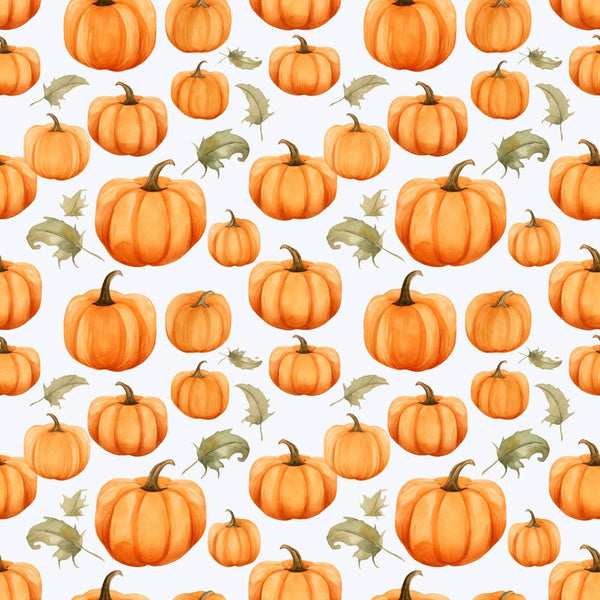 Pattern of various sized orange pumpkins and green leaves on a light background.