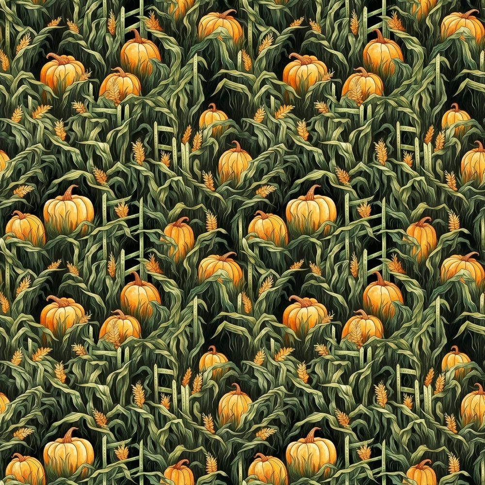 Seamless pattern of orange pumpkins, green leaves, and corn stalks.