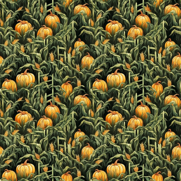 Seamless pattern of orange pumpkins, green leaves, and corn stalks.