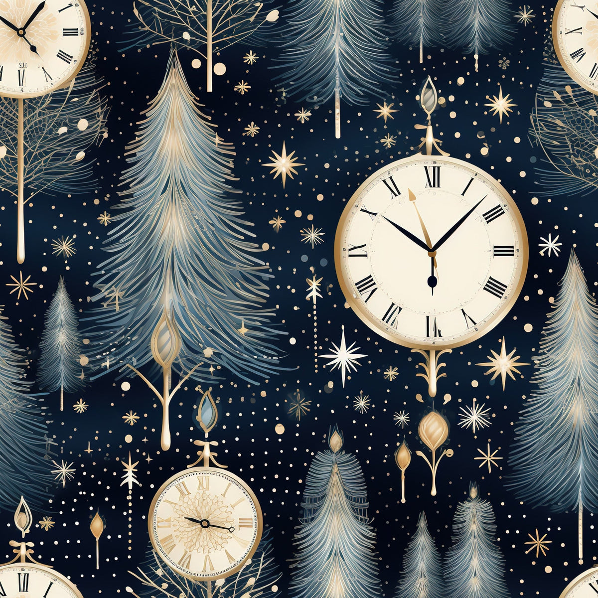 navy blue, gold accents, cream white, vintage clocks, roman numerals, evergreen trees, pine trees, winter stars, celestial motifs, ornate ornaments, midnight blue background, golden details, christmas trees, winter wonderland,, fabric panel, holiday theme, elegant pattern, starry night, timepiece design