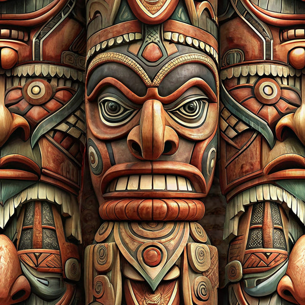 totem pole, tribal art, native american, carved wood, russet brown, deep red, forest green, cream accents, geometric patterns, indigenous design, ceremonial masks, pacific northwest, cultural symbols,, fabric panel, earth tones, wooden texture, spiritual figures, ancient art, detailed carving