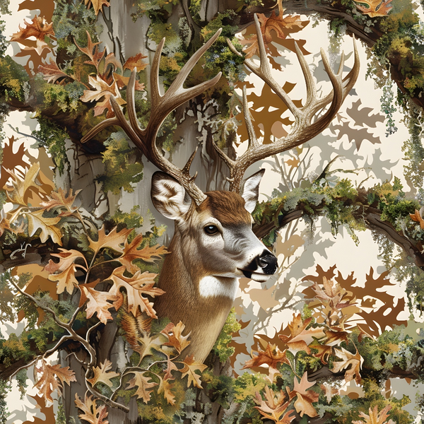 Whitetail Woods Pattern 12 white-tailed deer with antlers among autumn foliage and leafy branches on fleece fabric