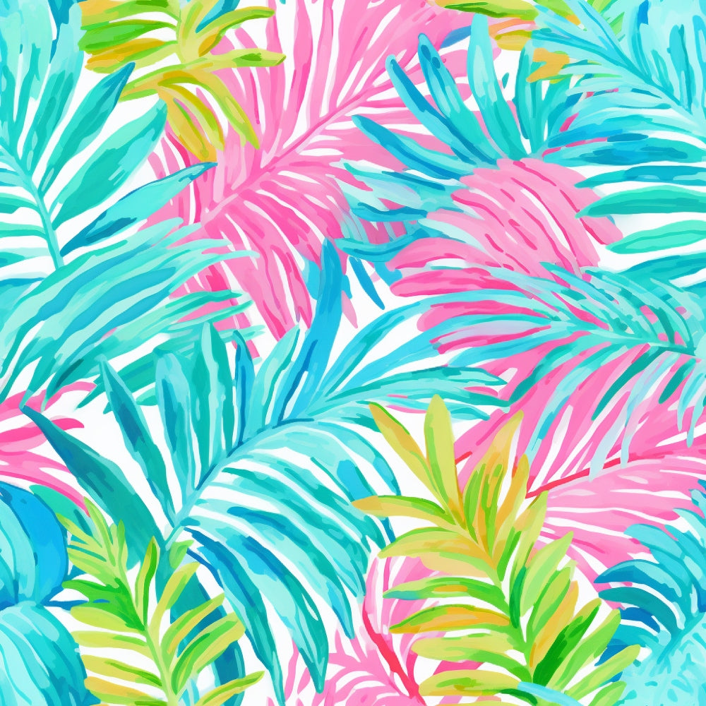 Colorful tropical leaves pattern in pink, blue, and green, overlapping each other on a white background.