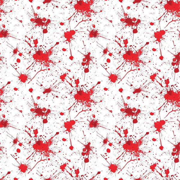 White background with red paint splatters scattered across the surface, creating a random pattern resembling drops and stains.