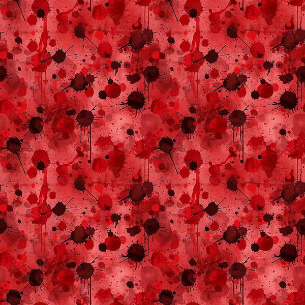 A pattern of red and black watercolor splatters on a textured background.