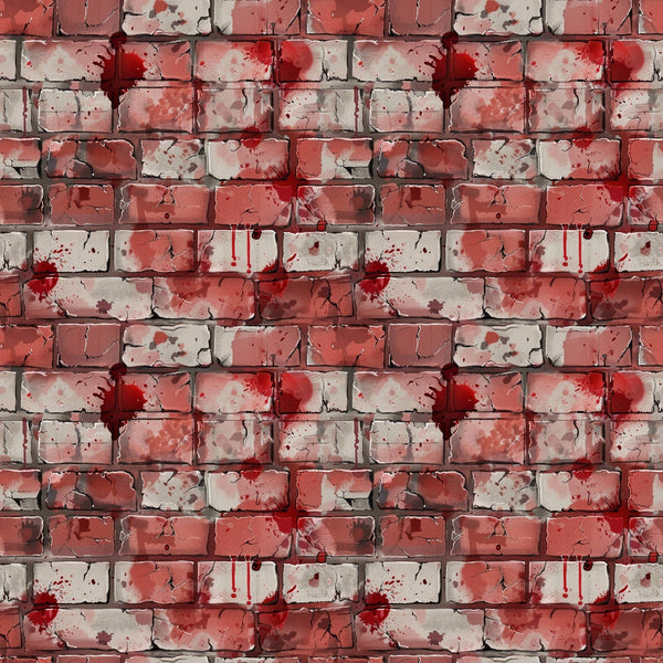 Patterned wall with red and gray bricks, featuring red paint splatters and drips, creating an abstract urban look.