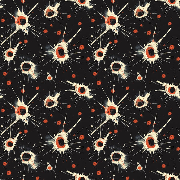 Abstract pattern of white and red starburst shapes on a black background.