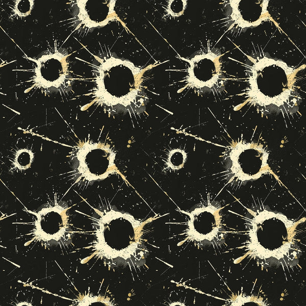 Abstract pattern of beige paint splatters with circular centers on a black background, arranged in a repeating grid.