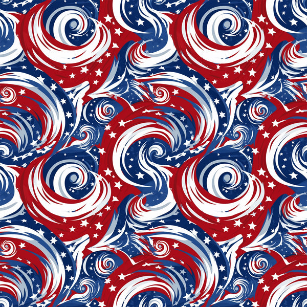 red, white, blue, patriotic, swirls, spirals, stars, american flag colors, flowing patterns, dynamic movement,, fabric panel, usa theme, independence day, fourth of july, circular motifs, wavy lines, festive, americana, repeating pattern