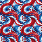 red, white, blue, patriotic swirls, spiral pattern, stars, american flag colors, flowing ribbons, dynamic movement,, fabric panel, fourth of july, independence day, wavy design, celestial stars, repeating pattern, usa theme, swirling motifs, patriotic fabric, cotton material