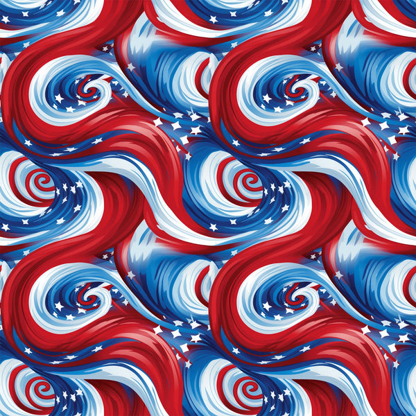 red, white, blue, patriotic swirls, spiral pattern, stars, american flag colors, flowing ribbons, dynamic movement,, fabric panel, fourth of july, independence day, wavy design, celestial stars, repeating pattern, usa theme, swirling motifs, patriotic fabric, cotton material