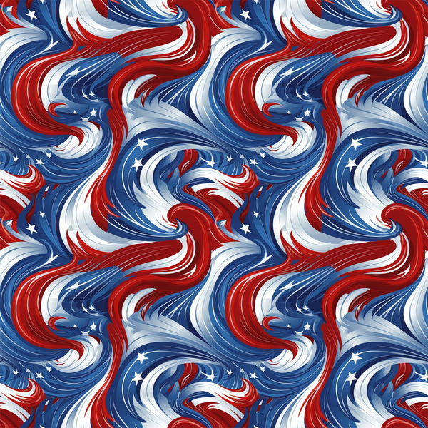 red, white, blue, patriotic swirls, flowing ribbons, star accents, wavy pattern, dynamic movement, american flag colors,, fabric panel, july 4th, independence day, stars and swirls, fluid design, spinning motion, festive, national pride, curved lines, seamless repeat