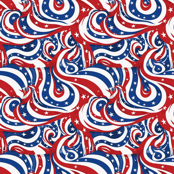 red, white, blue, patriotic, swirls, stars, flowing ribbons, abstract waves, american flag colors,, fabric panel, dynamic movement, curving stripes, celestial stars, independence day, july 4th, spiraling design, seamless pattern, cotton fabric, patriotic theme