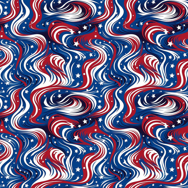 red, white, blue, navy blue, swirls, flowing lines, stars, patriotic pattern, wavy stripes, american flag colors,, fabric panel, fourth of july, independence day, curvy design, dynamic movement, repeating pattern, textile design, sewing material, crafting fabric