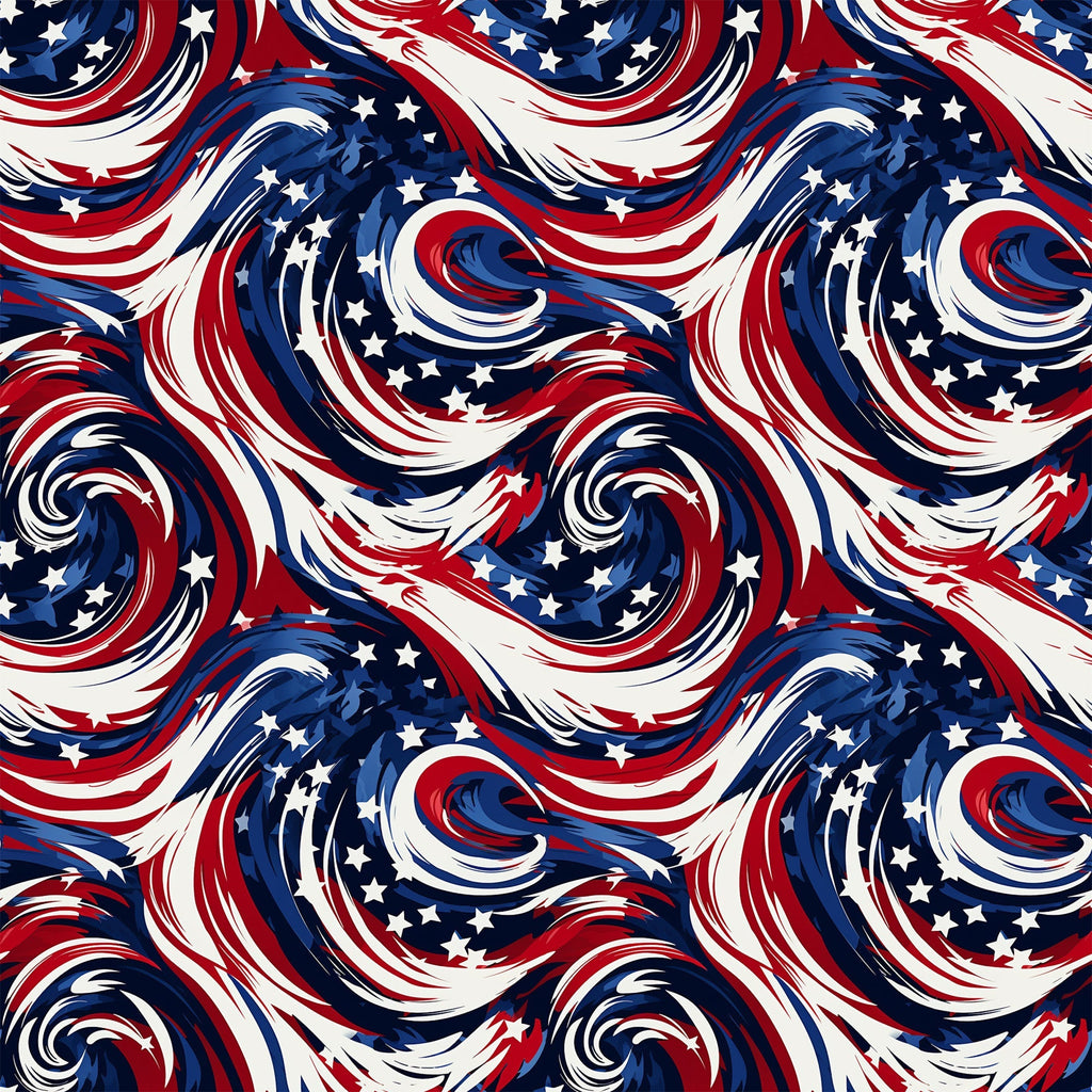 red, white, blue, navy blue, swirls, spirals, stars, patriotic, american flag colors, flowing curves, dynamic movement,, fabric panel, repeating pattern, fourth of july, independence day, wavy lines, abstract design, festive, geometric swirls