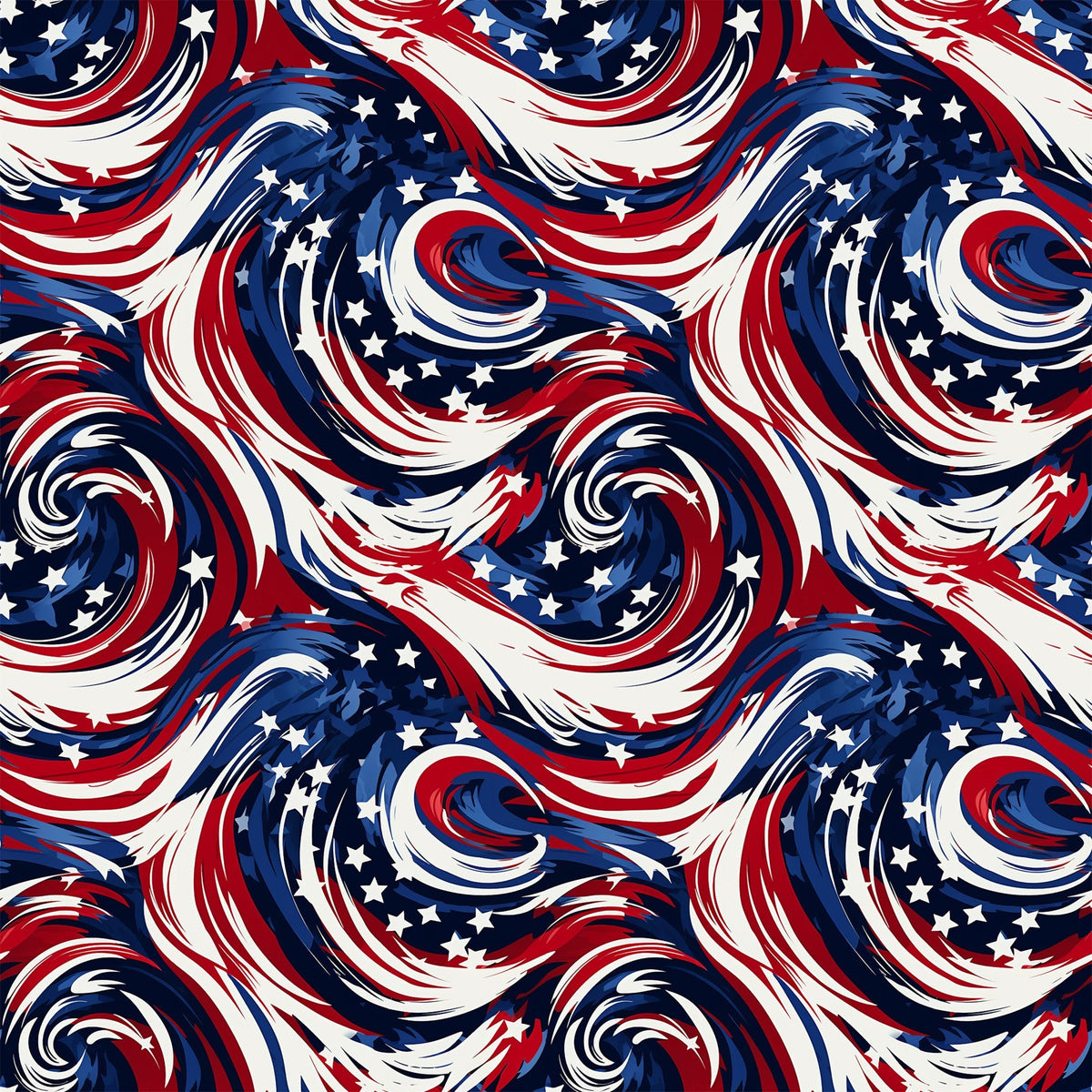red, white, blue, navy blue, swirls, spirals, stars, patriotic, american flag colors, flowing curves, dynamic movement,, fabric panel, repeating pattern, fourth of july, independence day, wavy lines, abstract design, festive, geometric swirls