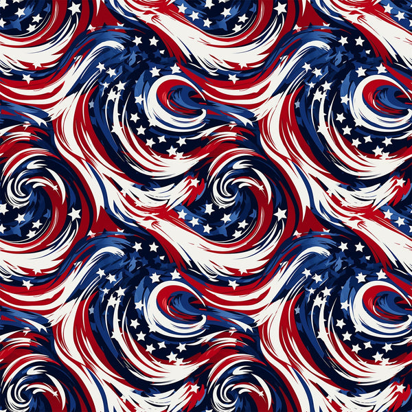 red, white, blue, navy blue, swirls, spirals, stars, patriotic, american flag colors, flowing curves, dynamic movement,, fabric panel, repeating pattern, fourth of july, independence day, wavy lines, abstract design, festive, geometric swirls